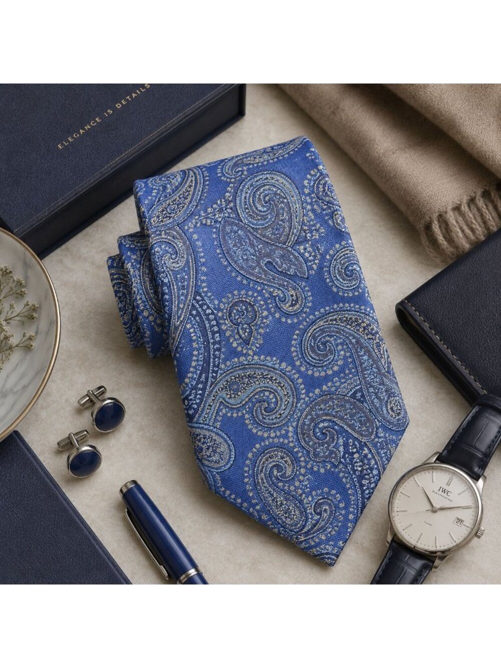 David Donahue Silk Tie Blue Grey Paisley Floral Italy Gift Business Corpcore New